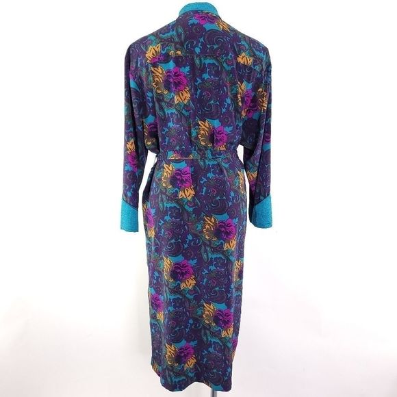 Victoria's Secret Vintage Floral Gold Label Long Satin Robe Purple Blue sz Small - Picture 4 of 6